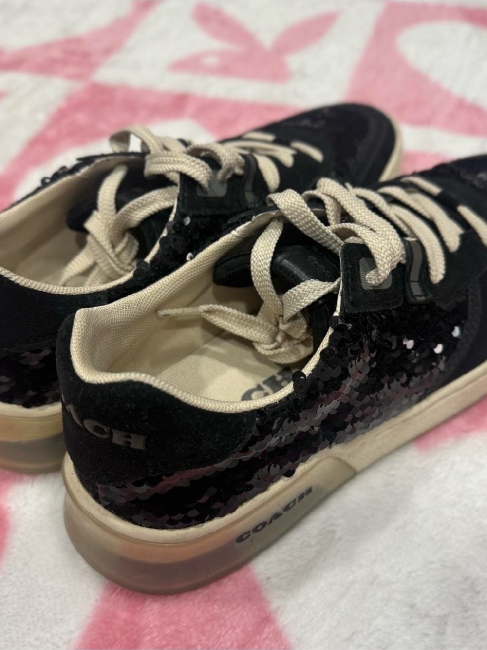 Coach Womens Black Sequin Sneakers with Cream Laces